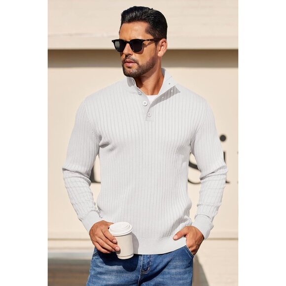 Men's Quarter Button Sweater Long Sleeve Stand Collar Sweater Knitted White - Picture 4 of 5